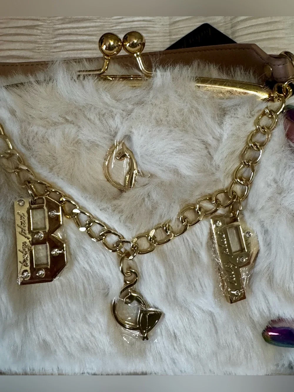 Baby Phat Cream Faux Fur Chain Charm Clutch with Gold Accents